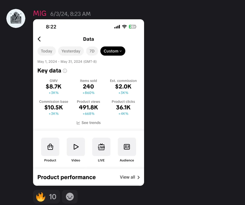 MIG affiliate earnings screenshot